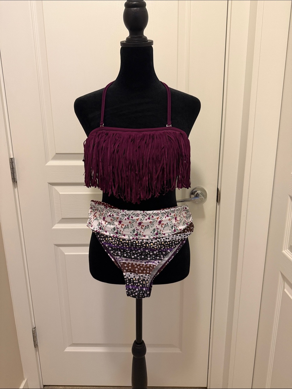Fringed Plum Bikini Top with Floral High-Waist Bottom